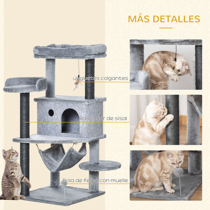 Cat Scratcher Tree 48x48x107 cm Cat Tower with Removable Felt Cave Hammock Plush Beds Multiple Platforms Sisal Posts and Toys Gray