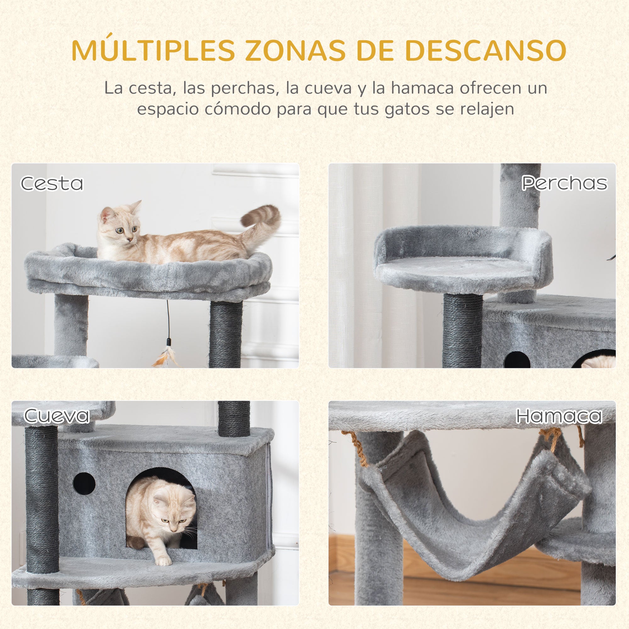 Cat Scratcher Tree 48x48x107 cm Cat Tower with Removable Felt Cave Hammock Plush Beds Multiple Platforms Sisal Posts and Toys Gray