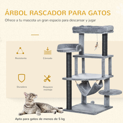 Cat Scratcher Tree 48x48x107 cm Cat Tower with Removable Felt Cave Hammock Plush Beds Multiple Platforms Sisal Posts and Toys Gray