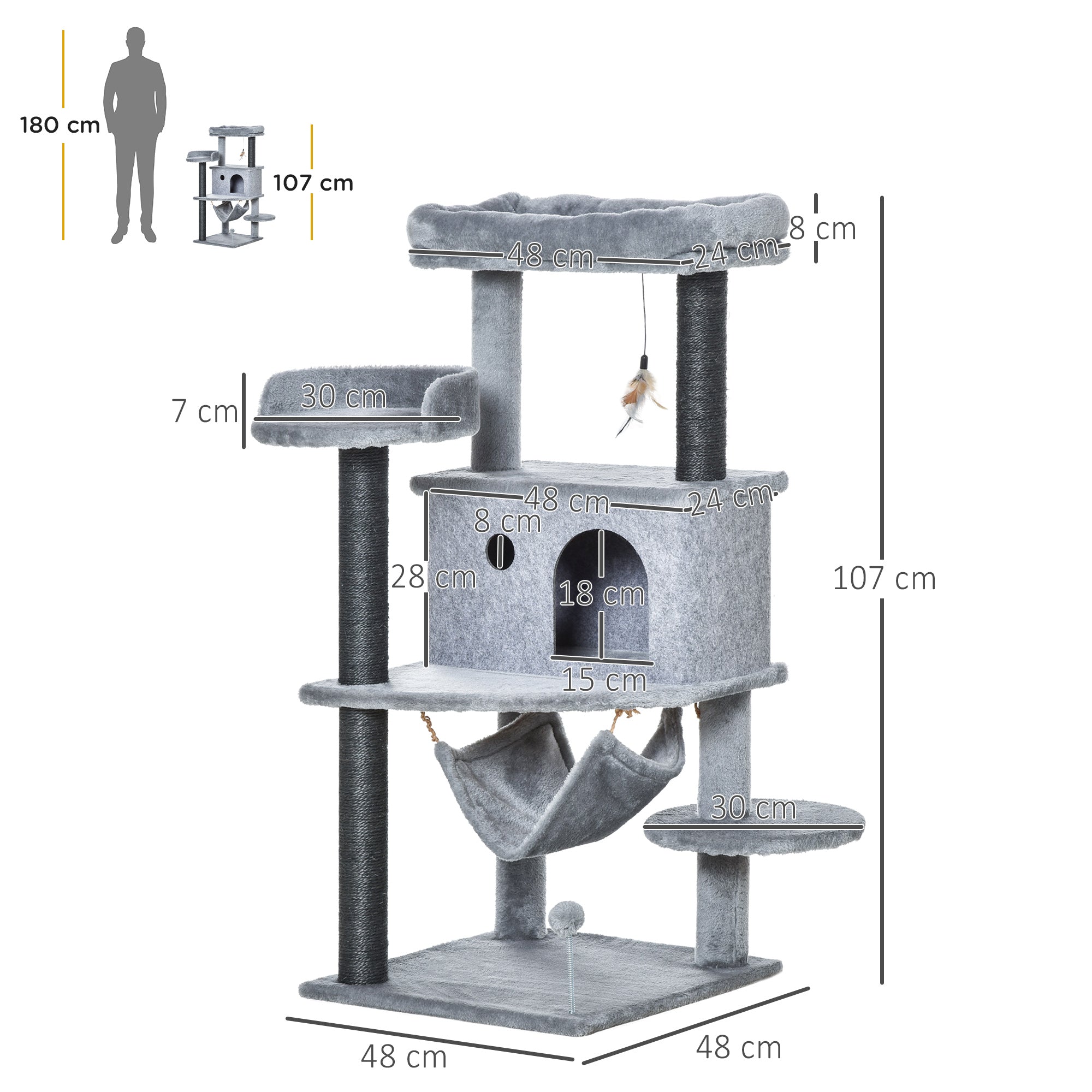 Cat Scratcher Tree 48x48x107 cm Cat Tower with Removable Felt Cave Hammock Plush Beds Multiple Platforms Sisal Posts and Toys Gray