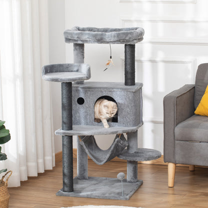 Cat Scratcher Tree 48x48x107 cm Cat Tower with Removable Felt Cave Hammock Plush Beds Multiple Platforms Sisal Posts and Toys Gray