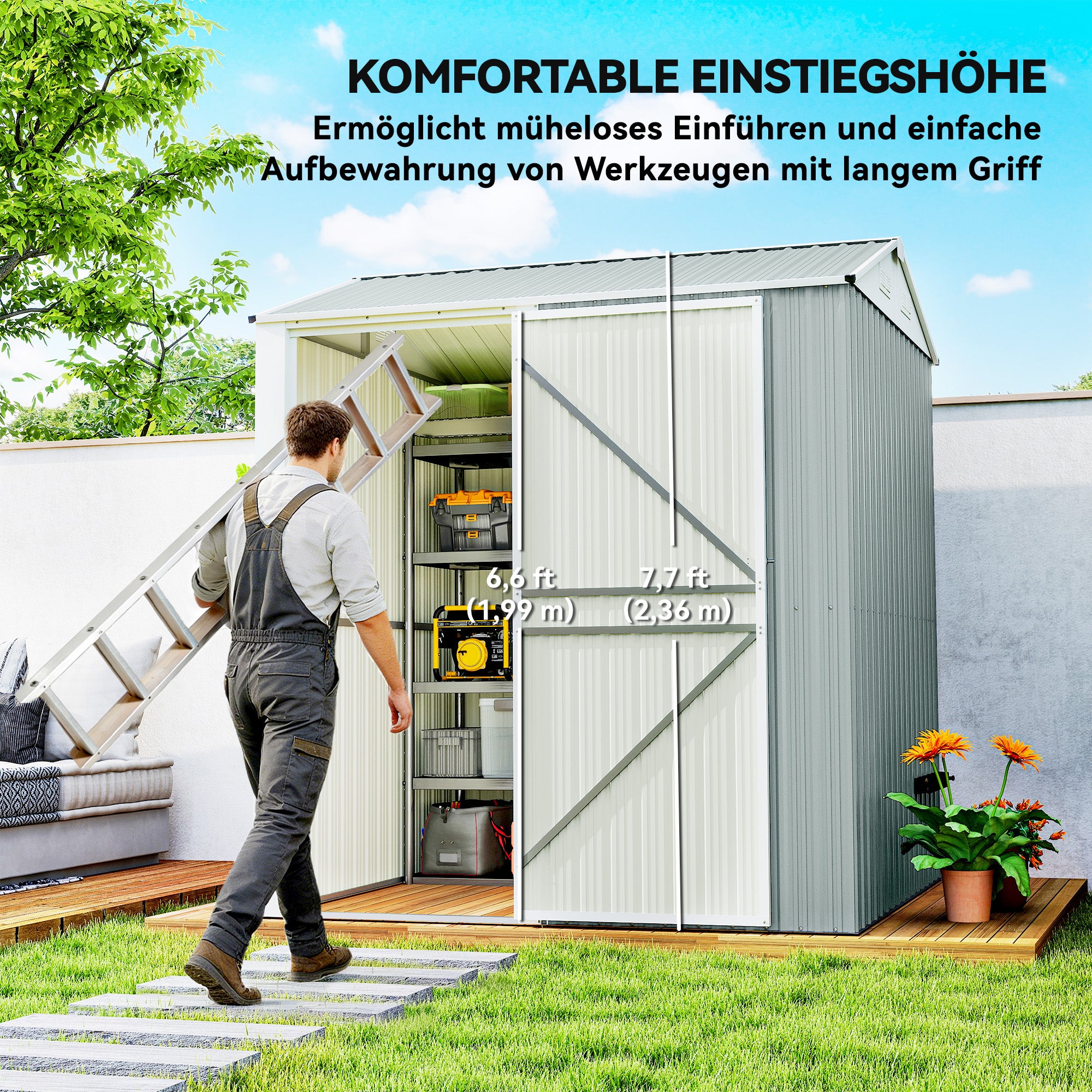 Metal Tool Shed 3.5 m² – Tall Lockable Garden Shed with Gable Roof, Vents & Gloves Included, 209 x 177 x 236 cm, Light Gray