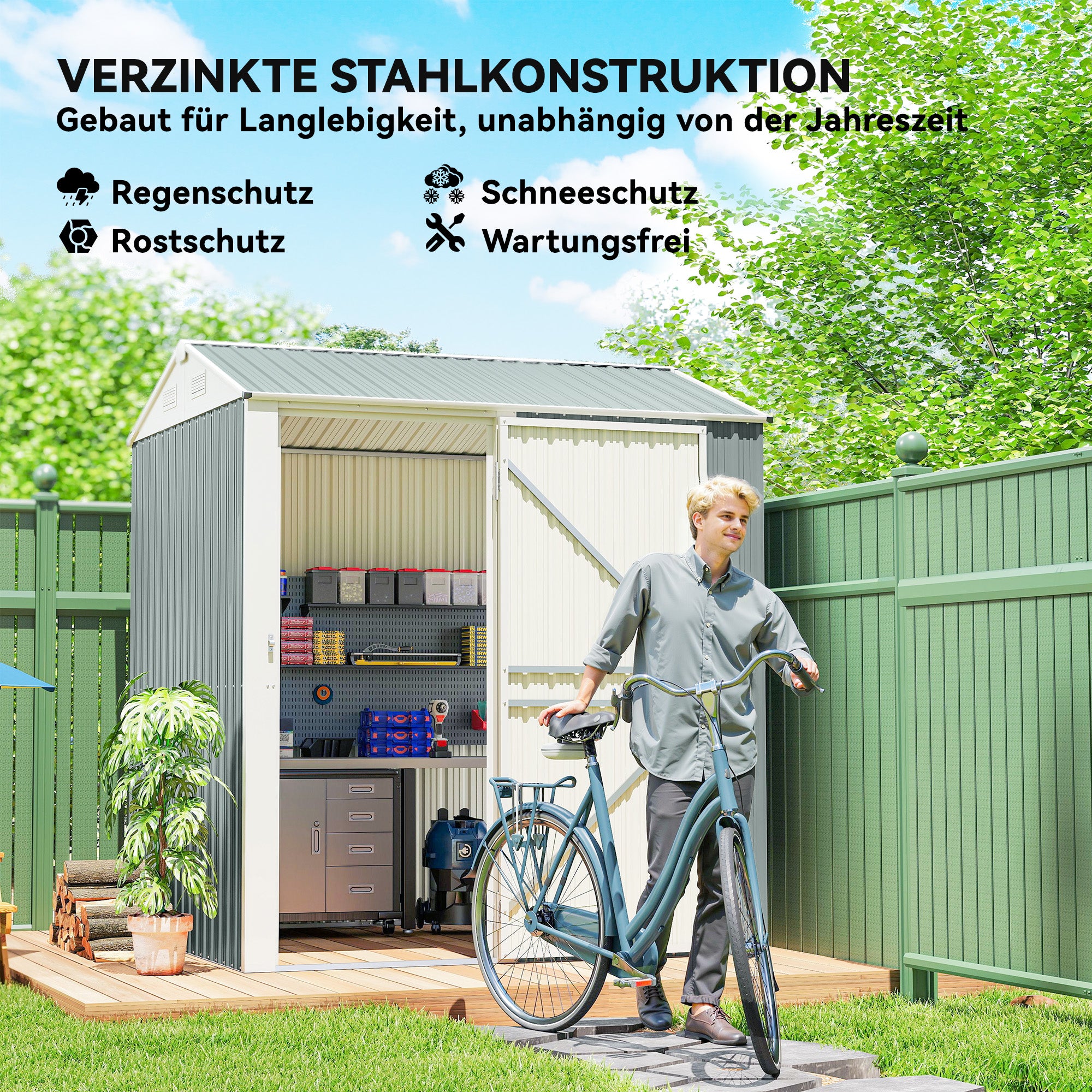 Metal Tool Shed 3.5 m² – Tall Lockable Garden Shed with Gable Roof, Vents & Gloves Included, 209 x 177 x 236 cm, Light Gray
