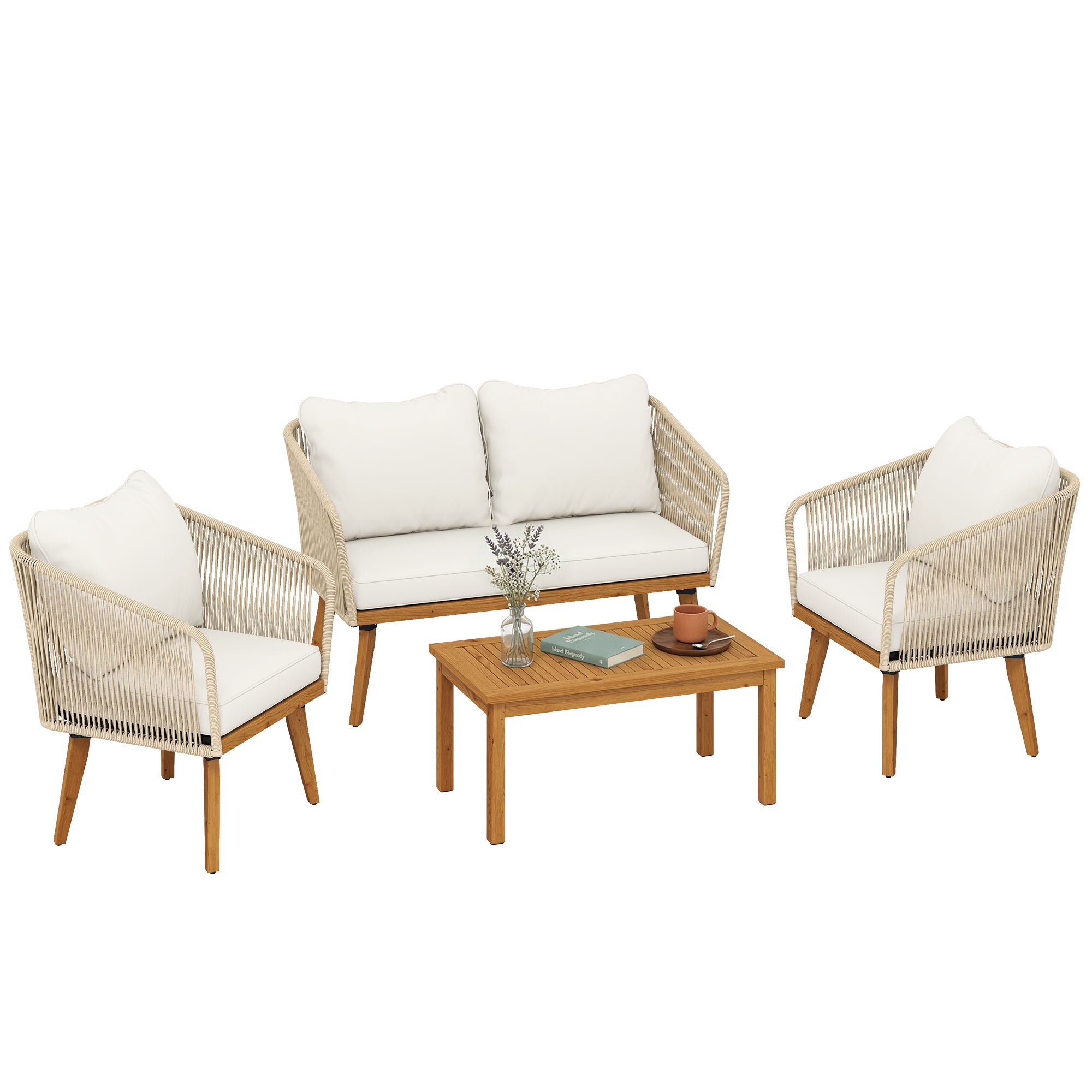 4-Piece Rattan Patio Lounge Set — 2-Seater Sofa, 2 Armchairs & Acacia Slatted Coffee Table with Thick Washable Cushions, Cream White