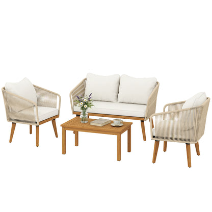 4-Piece Rattan Patio Lounge Set — 2-Seater Sofa, 2 Armchairs & Acacia Slatted Coffee Table with Thick Washable Cushions, Cream White