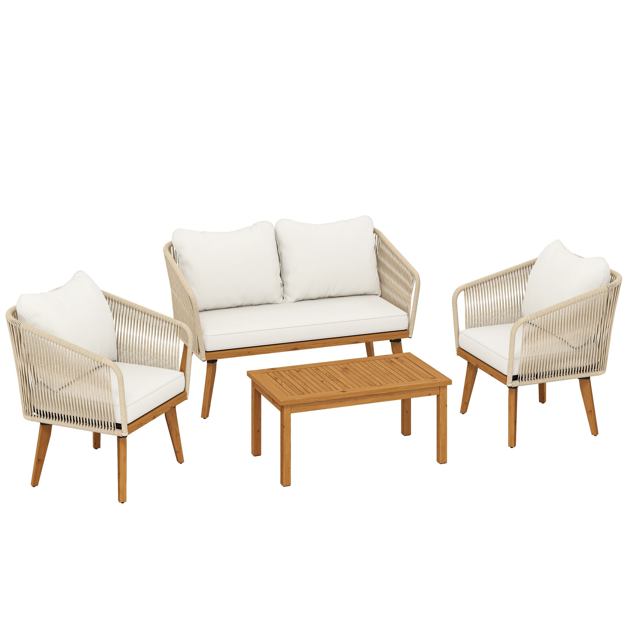 4-Piece Rattan Patio Lounge Set — 2-Seater Sofa, 2 Armchairs & Acacia Slatted Coffee Table with Thick Washable Cushions, Cream White