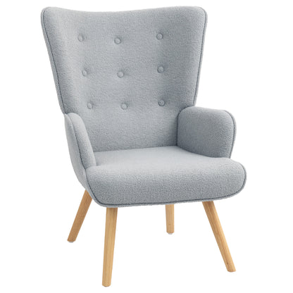 Boucle Fabric Lounge Chair, Modern Upholstered Armchair with Wooden Legs, Ergonomic Backrest and Armrests, for Dining Room, Living Room, Bedroom, Office, Light Gray