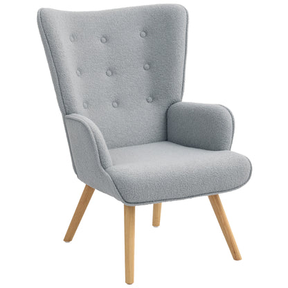 Boucle Fabric Lounge Chair, Modern Upholstered Armchair with Wooden Legs, Ergonomic Backrest and Armrests, for Dining Room, Living Room, Bedroom, Office, Light Gray