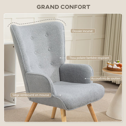 Boucle Fabric Lounge Chair, Modern Upholstered Armchair with Wooden Legs, Ergonomic Backrest and Armrests, for Dining Room, Living Room, Bedroom, Office, Light Gray
