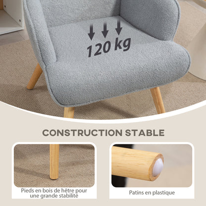 Boucle Fabric Lounge Chair, Modern Upholstered Armchair with Wooden Legs, Ergonomic Backrest and Armrests, for Dining Room, Living Room, Bedroom, Office, Light Gray