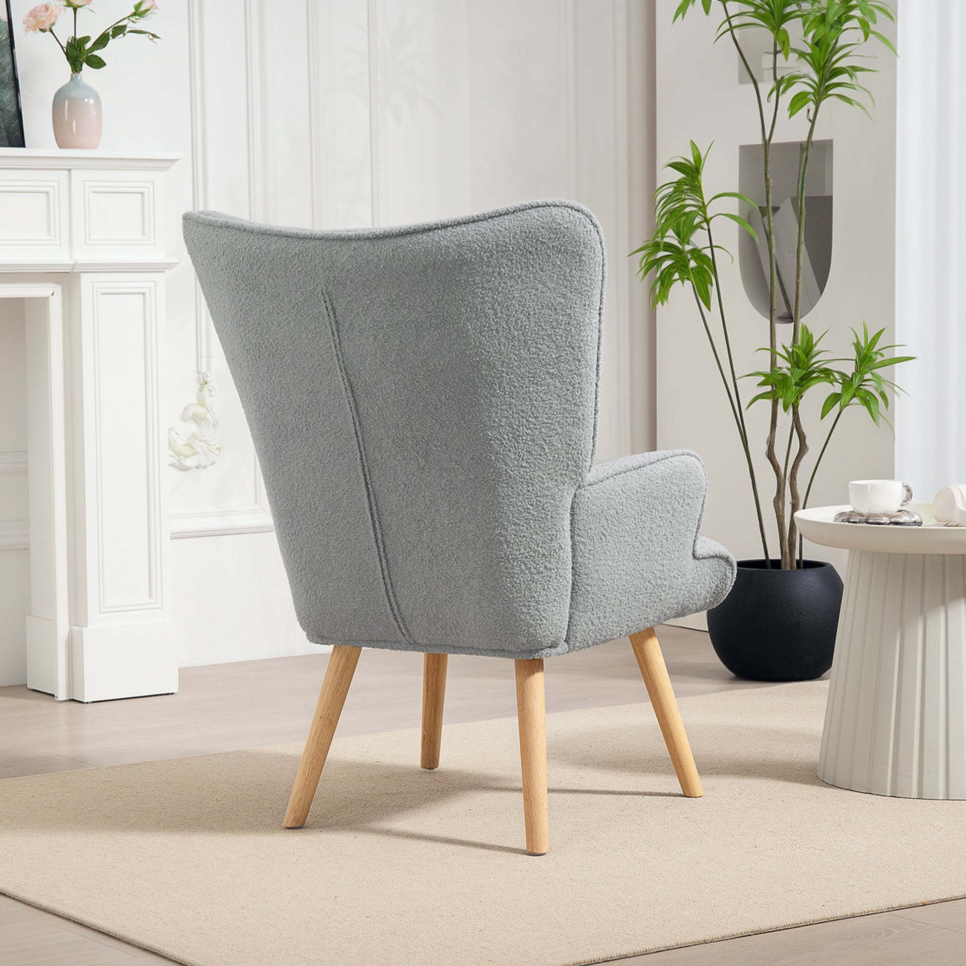Boucle Fabric Lounge Chair, Modern Upholstered Armchair with Wooden Legs, Ergonomic Backrest and Armrests, for Dining Room, Living Room, Bedroom, Office, Light Gray
