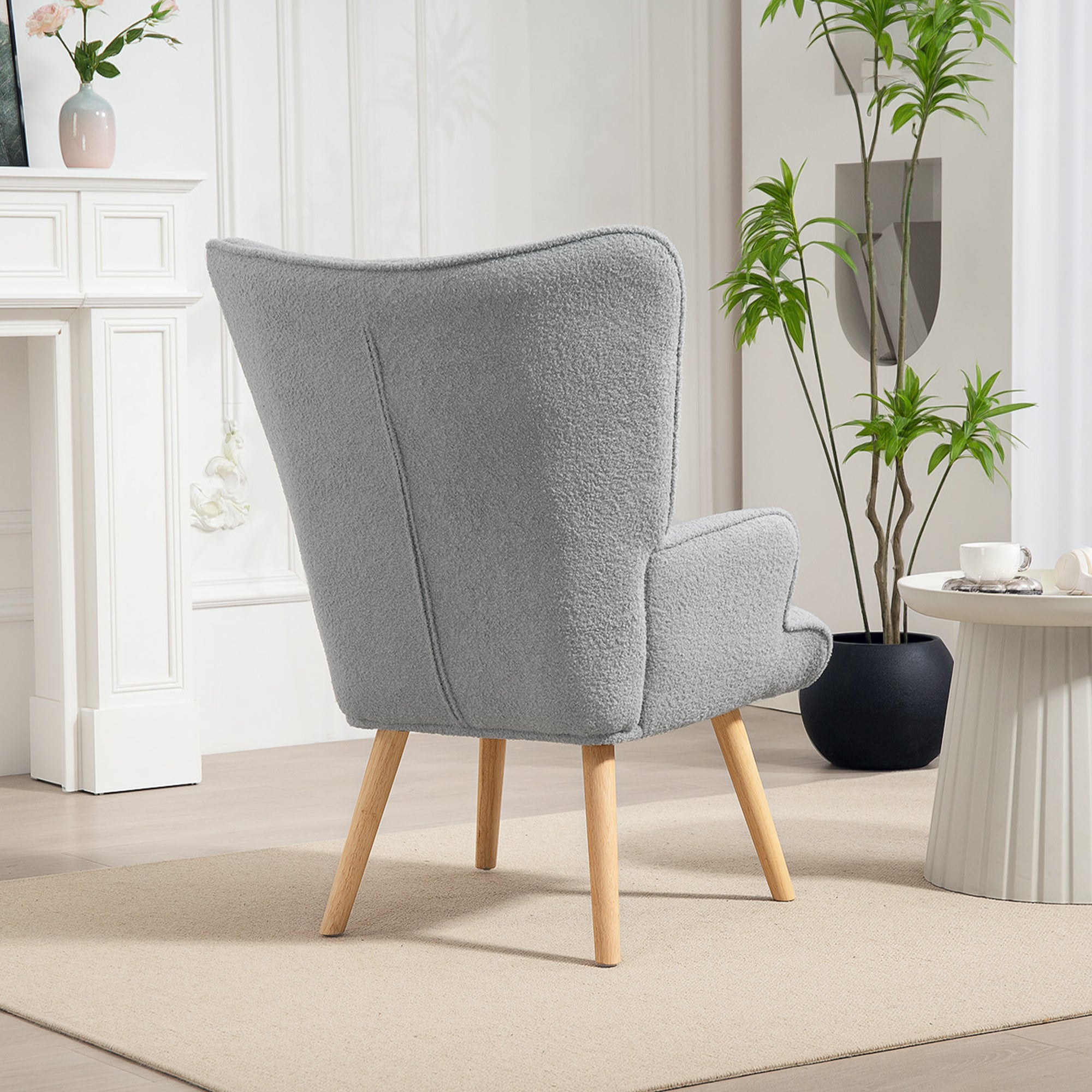 Boucle Fabric Lounge Chair, Modern Upholstered Armchair with Wooden Legs, Ergonomic Backrest and Armrests, for Dining Room, Living Room, Bedroom, Office, Light Gray