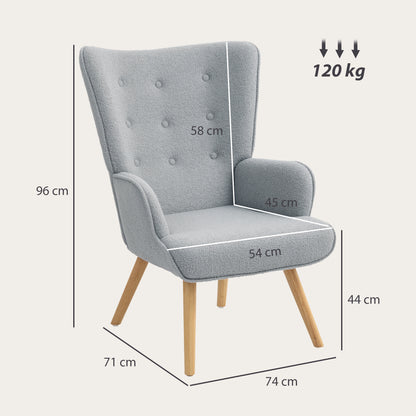 Boucle Fabric Lounge Chair, Modern Upholstered Armchair with Wooden Legs, Ergonomic Backrest and Armrests, for Dining Room, Living Room, Bedroom, Office, Light Gray