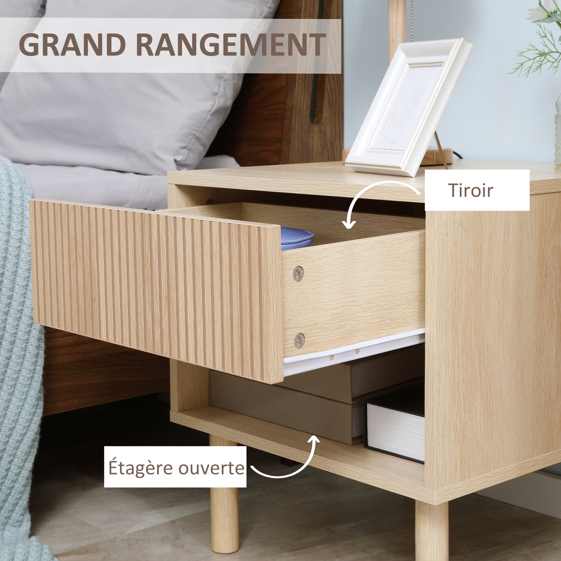 Bedside Table Nightstand with Drawers and Shelves, Modern Style Side Table for Bedroom, Living Room, 47 x 47 x 50 cm, Natural Wood Finish