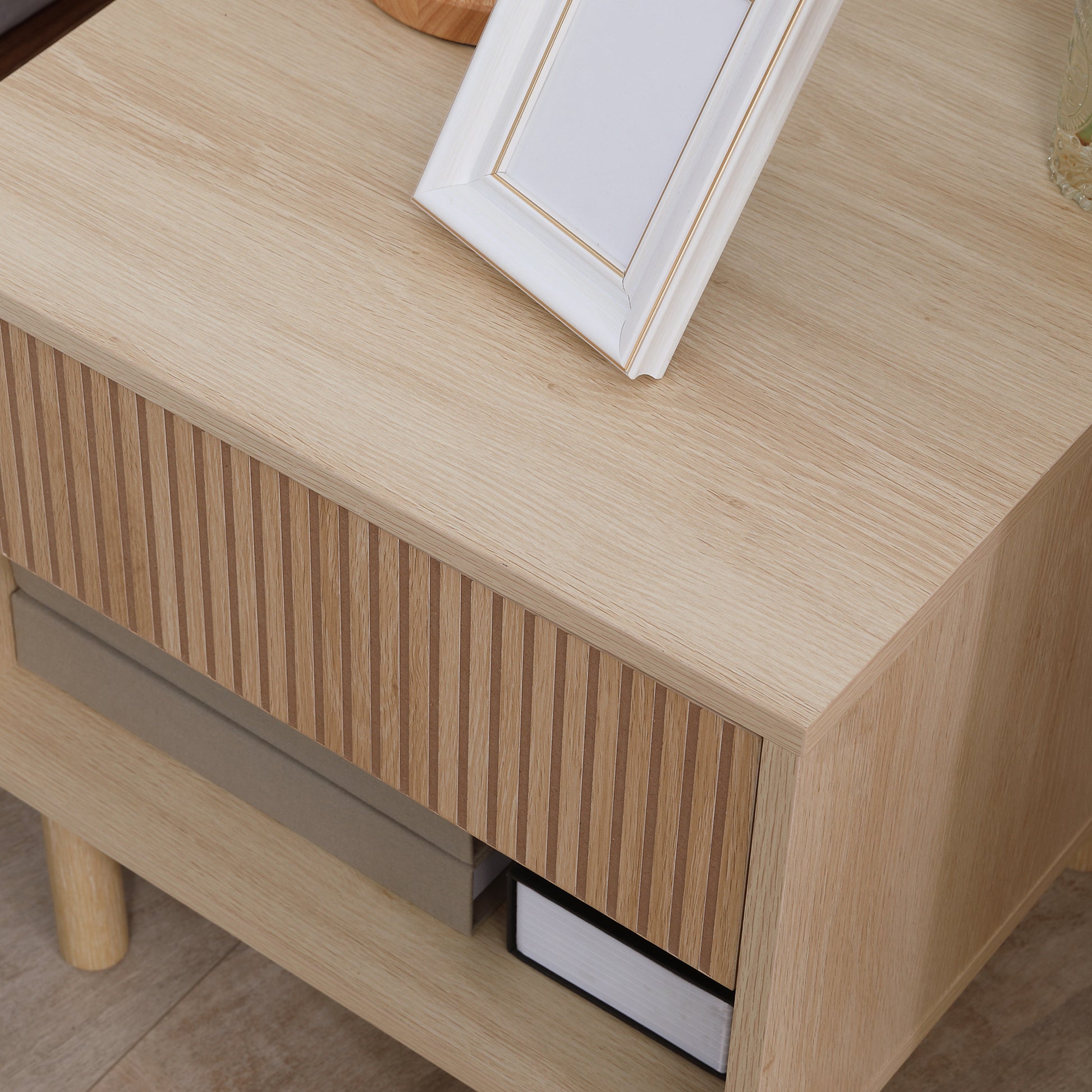 Bedside Table Nightstand with Drawers and Shelves, Modern Style Side Table for Bedroom, Living Room, 47 x 47 x 50 cm, Natural Wood Finish
