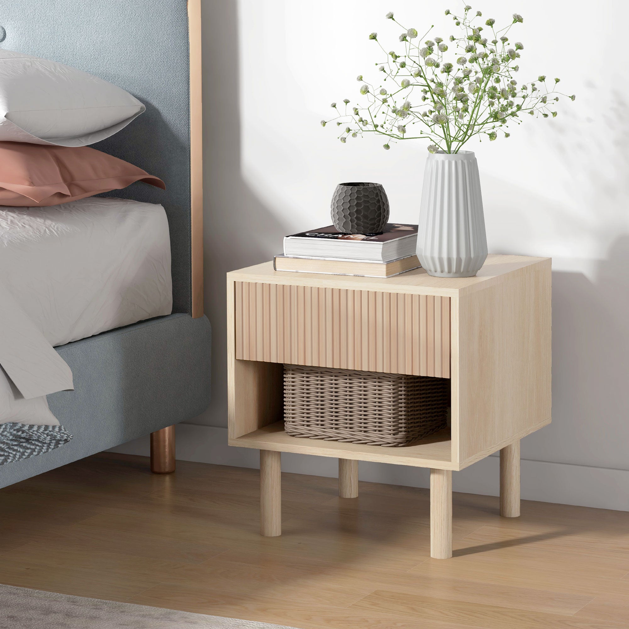Bedside Table Nightstand with Drawers and Shelves, Modern Style Side Table for Bedroom, Living Room, 47 x 47 x 50 cm, Natural Wood Finish