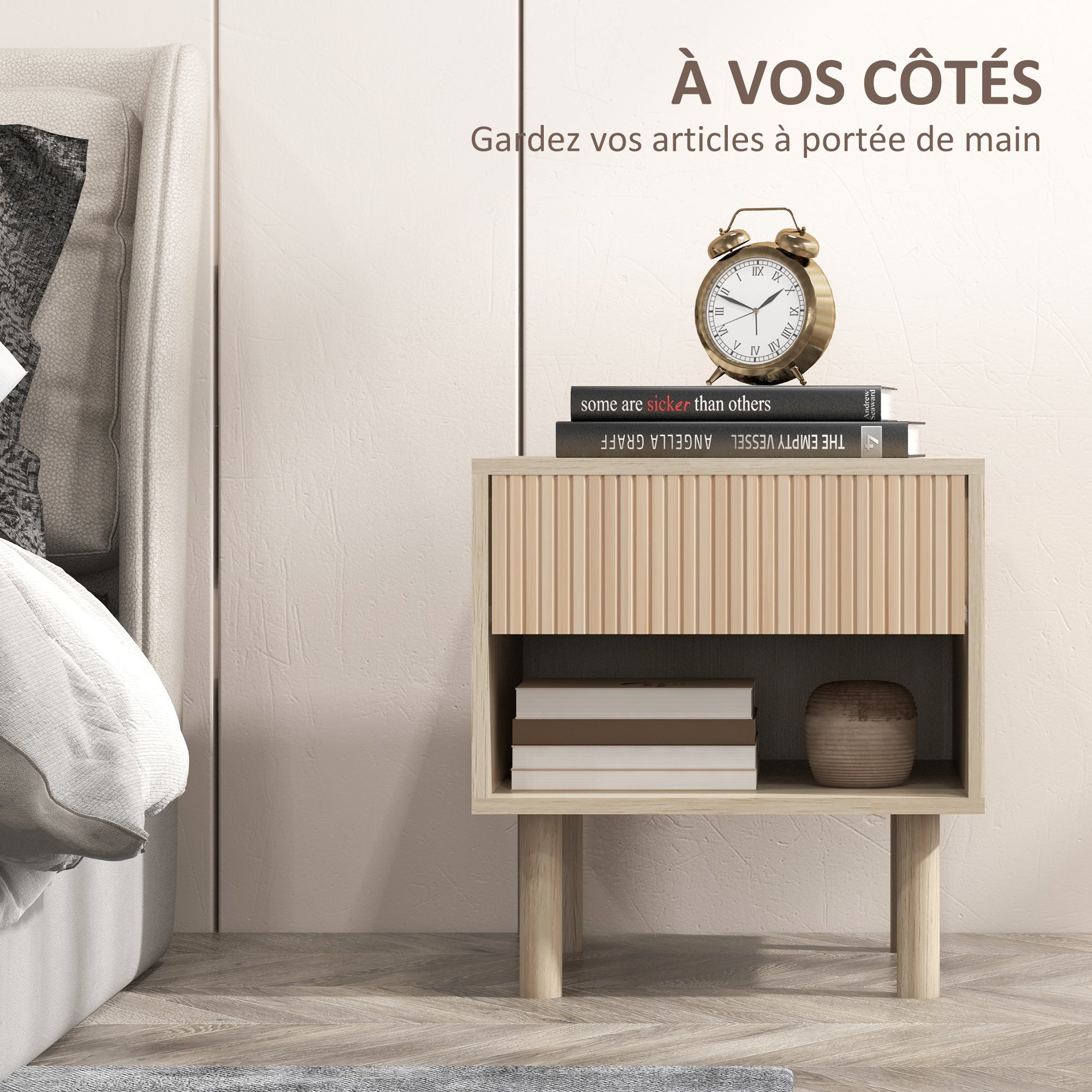 Bedside Table Nightstand with Drawers and Shelves, Modern Style Side Table for Bedroom, Living Room, 47 x 47 x 50 cm, Natural Wood Finish