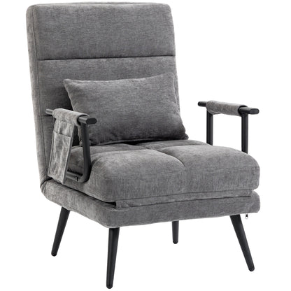 Sleeper Chair — 3-in-1 Foldable Chenille Chair with Click-Clack Backrest, Metal Frame & Pillow, Gray