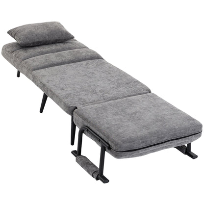 Sleeper Chair — 3-in-1 Foldable Chenille Chair with Click-Clack Backrest, Metal Frame & Pillow, Gray