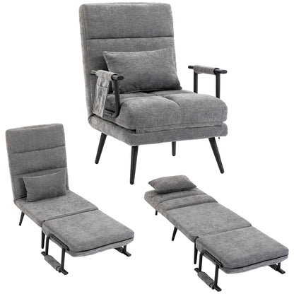 Sleeper Chair — 3-in-1 Foldable Chenille Chair with Click-Clack Backrest, Metal Frame & Pillow, Gray