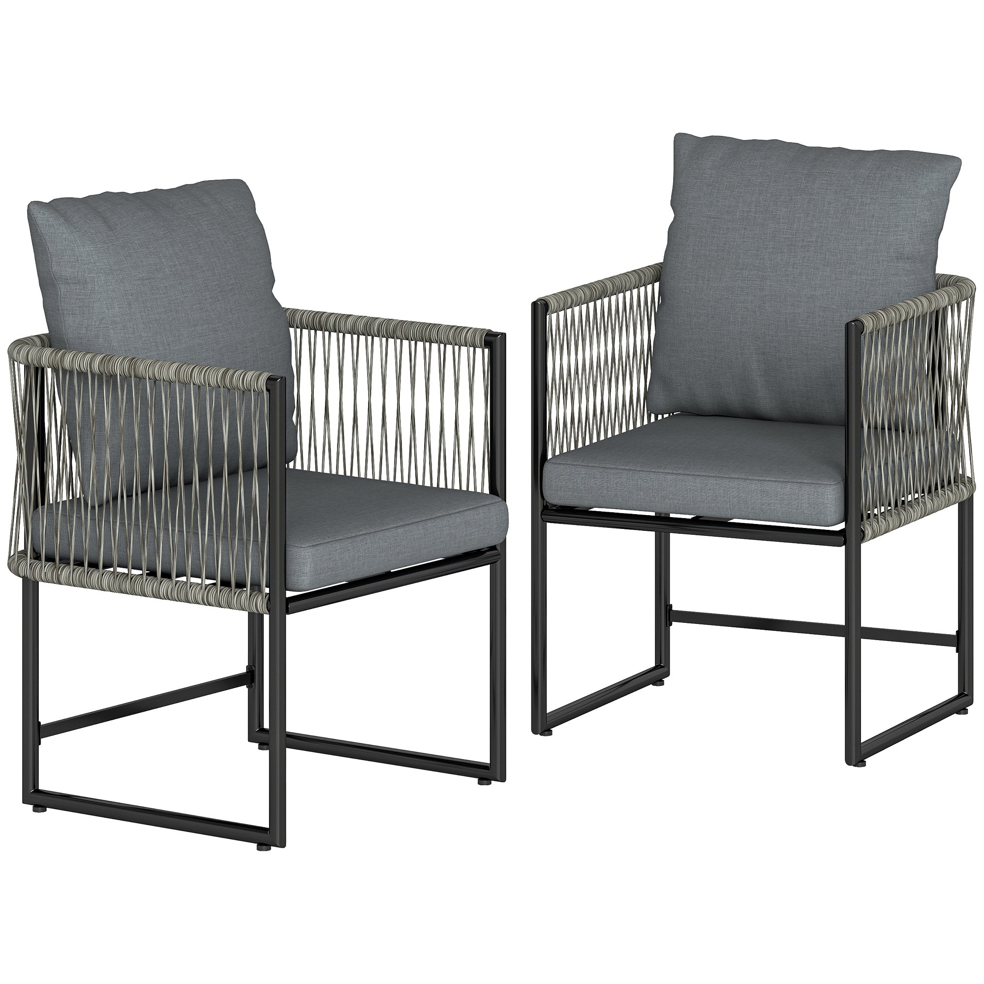 2-Pack Weatherproof Garden Chairs — Steel Frame PE Rattan Patio Chairs with Cushions, Armrests & Backrests, Up to 265 lb Capacity, Dark Gray