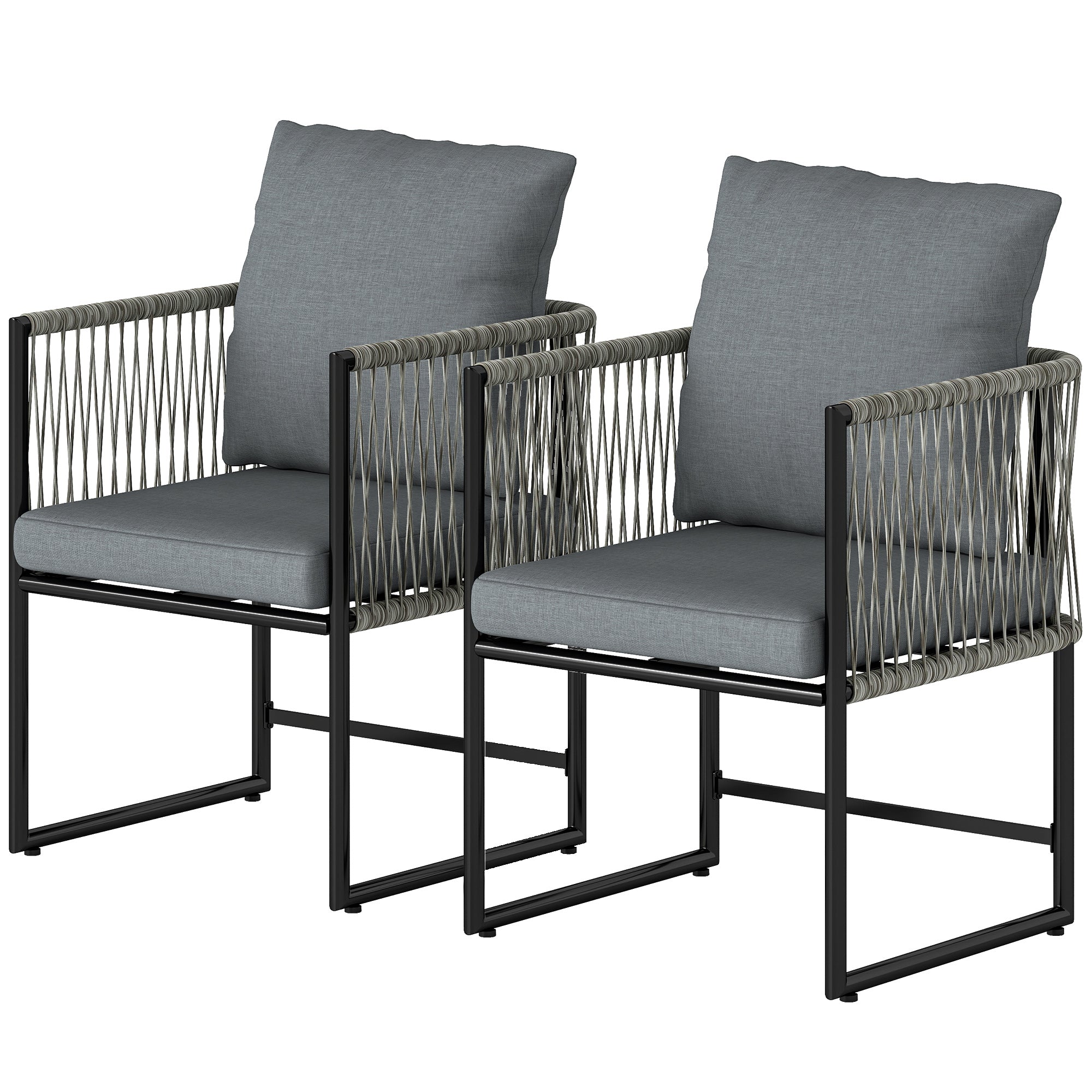 2-Pack Weatherproof Garden Chairs — Steel Frame PE Rattan Patio Chairs with Cushions, Armrests & Backrests, Up to 265 lb Capacity, Dark Gray