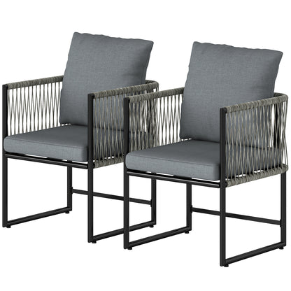2-Pack Weatherproof Garden Chairs — Steel Frame PE Rattan Patio Chairs with Cushions, Armrests & Backrests, Up to 265 lb Capacity, Dark Gray