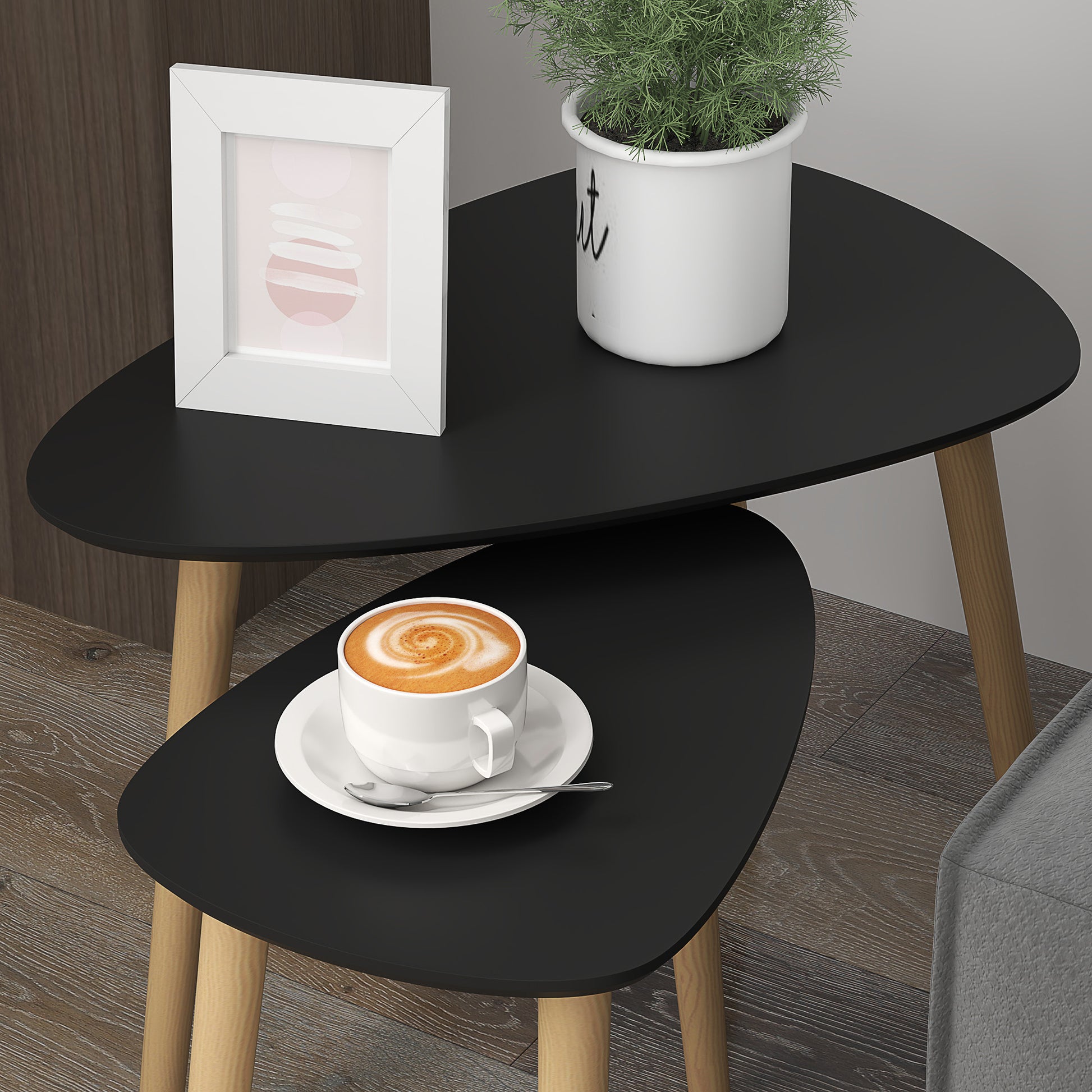 Set of 2 Scandinavian Design Nest of Tables with Wooden Legs and Wooden Tabletop, Black