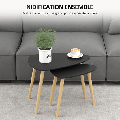Set of 2 Scandinavian Design Nest of Tables with Wooden Legs and Wooden Tabletop, Black