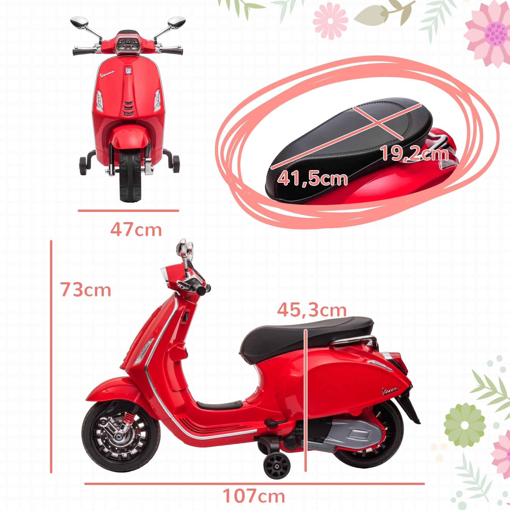 Electric Motorbike for Kids +3 Years Licensed Vespa Battery-Powered Motorcycle for Kids 6V with USB MP3 LED Light FM Radio Speed 3 km/h Load 35 kg Red