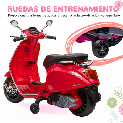 Electric Motorbike for Kids +3 Years Licensed Vespa Battery-Powered Motorcycle for Kids 6V with USB MP3 LED Light FM Radio Speed 3 km/h Load 35 kg Red
