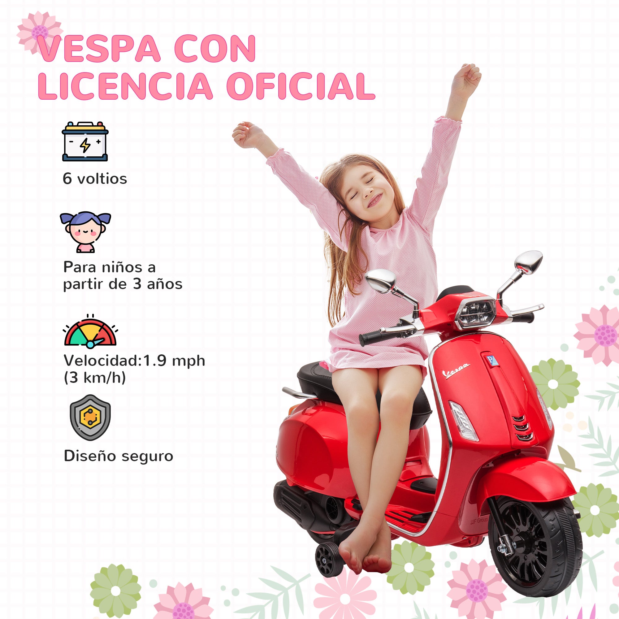 Electric Motorbike for Kids +3 Years Licensed Vespa Battery-Powered Motorcycle for Kids 6V with USB MP3 LED Light FM Radio Speed 3 km/h Load 35 kg Red