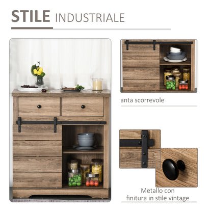 Sideboard with 2 Drawers, Open Shelves, and Wine Rack, Rustic Kitchen Cabinet in Wood and Metal, 80x39x86 cm, Wood color