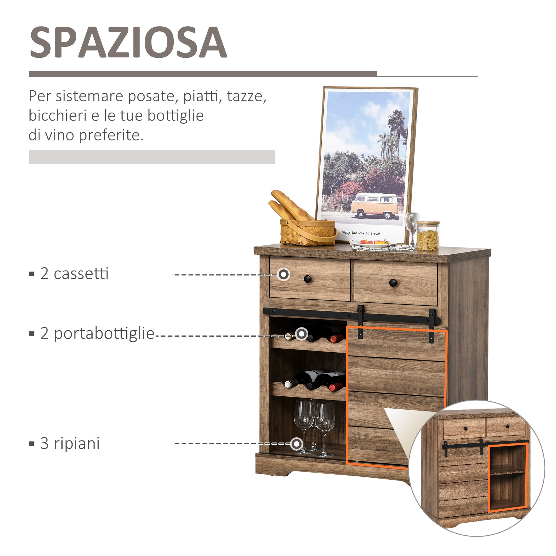 Sideboard with 2 Drawers, Open Shelves, and Wine Rack, Rustic Kitchen Cabinet in Wood and Metal, 80x39x86 cm, Wood color