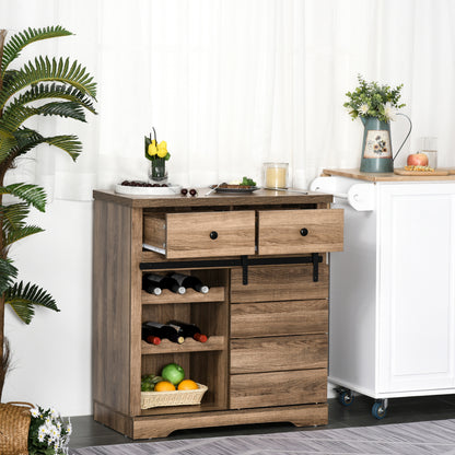 Sideboard with 2 Drawers, Open Shelves, and Wine Rack, Rustic Kitchen Cabinet in Wood and Metal, 80x39x86 cm, Wood color