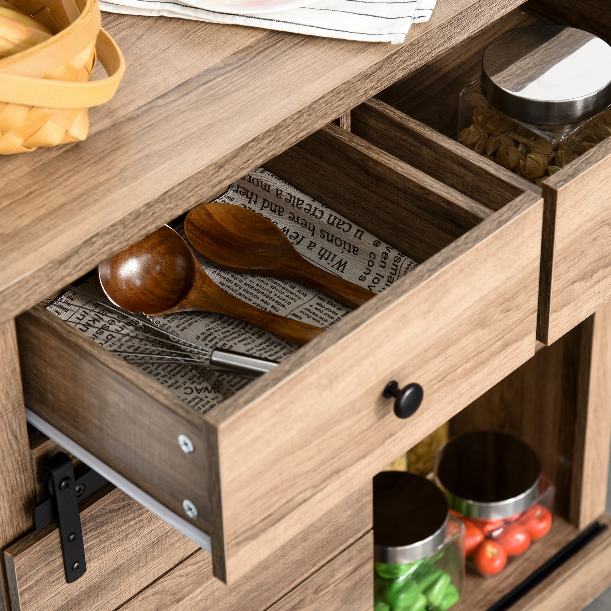 Sideboard with 2 Drawers, Open Shelves, and Wine Rack, Rustic Kitchen Cabinet in Wood and Metal, 80x39x86 cm, Wood color