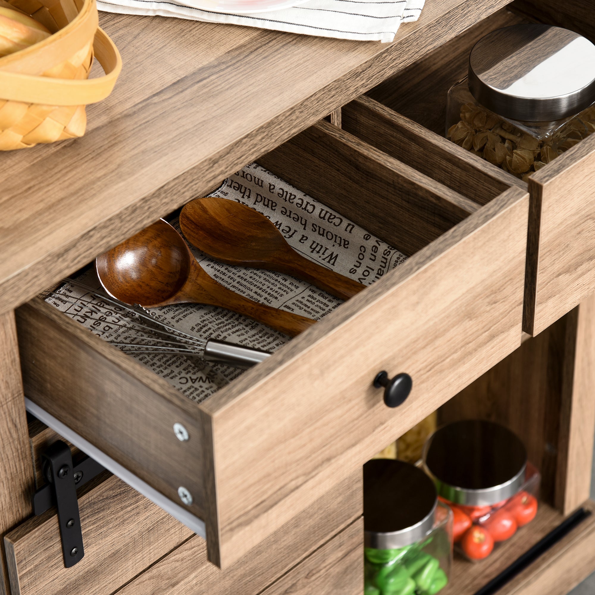 Sideboard with 2 Drawers, Open Shelves, and Wine Rack, Rustic Kitchen Cabinet in Wood and Metal, 80x39x86 cm, Wood color