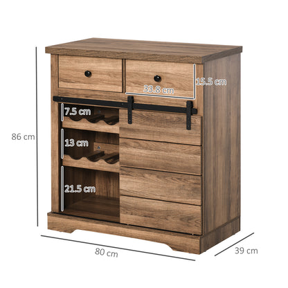 Sideboard with 2 Drawers, Open Shelves, and Wine Rack, Rustic Kitchen Cabinet in Wood and Metal, 80x39x86 cm, Wood color