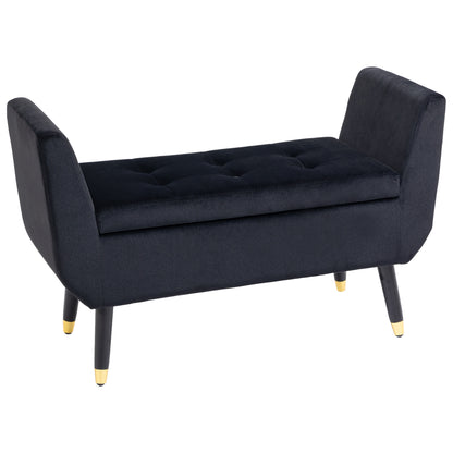 Bench with Storage Armrests Upholstered Bench with Velvet Look, Storage Chest with Wooden Legs, Bench for Living Room Bedroom Hallway 107 x 42 x 65 cm, Black