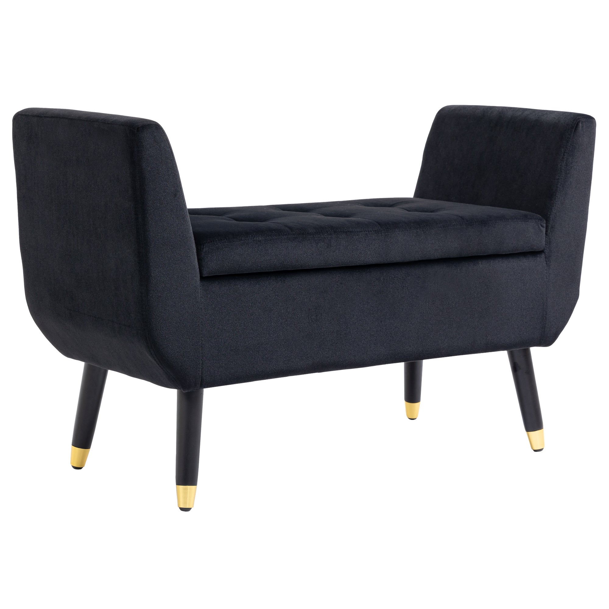 Bench with Storage Armrests Upholstered Bench with Velvet Look, Storage Chest with Wooden Legs, Bench for Living Room Bedroom Hallway 107 x 42 x 65 cm, Black