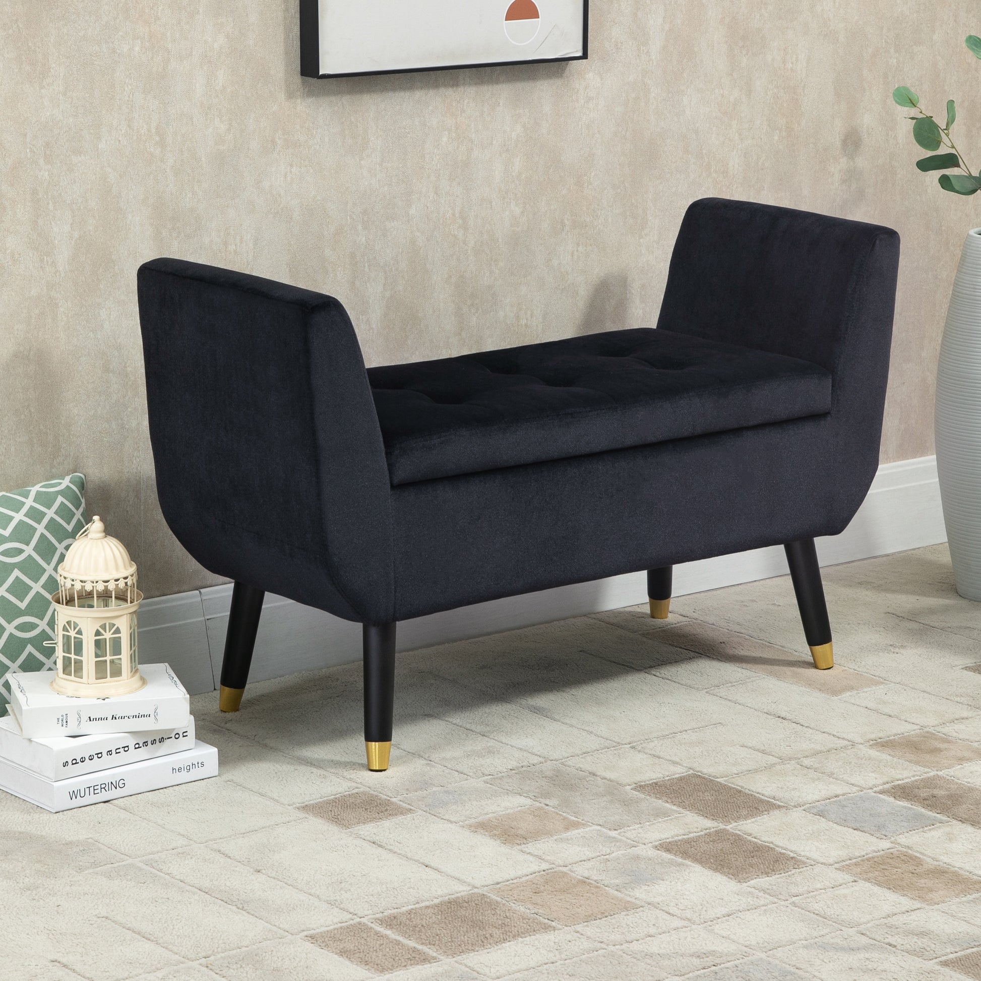 Bench with Storage Armrests Upholstered Bench with Velvet Look, Storage Chest with Wooden Legs, Bench for Living Room Bedroom Hallway 107 x 42 x 65 cm, Black