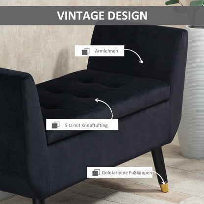 Bench with Storage Armrests Upholstered Bench with Velvet Look, Storage Chest with Wooden Legs, Bench for Living Room Bedroom Hallway 107 x 42 x 65 cm, Black
