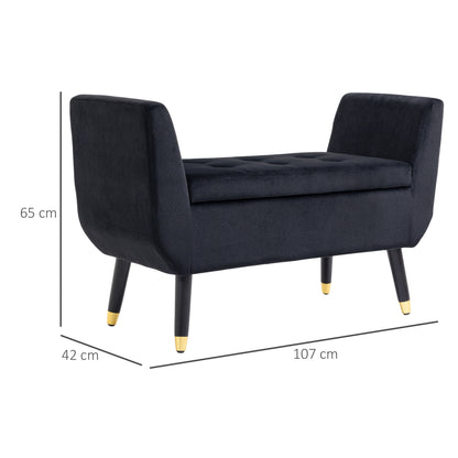 Bench with Storage Armrests Upholstered Bench with Velvet Look, Storage Chest with Wooden Legs, Bench for Living Room Bedroom Hallway 107 x 42 x 65 cm, Black
