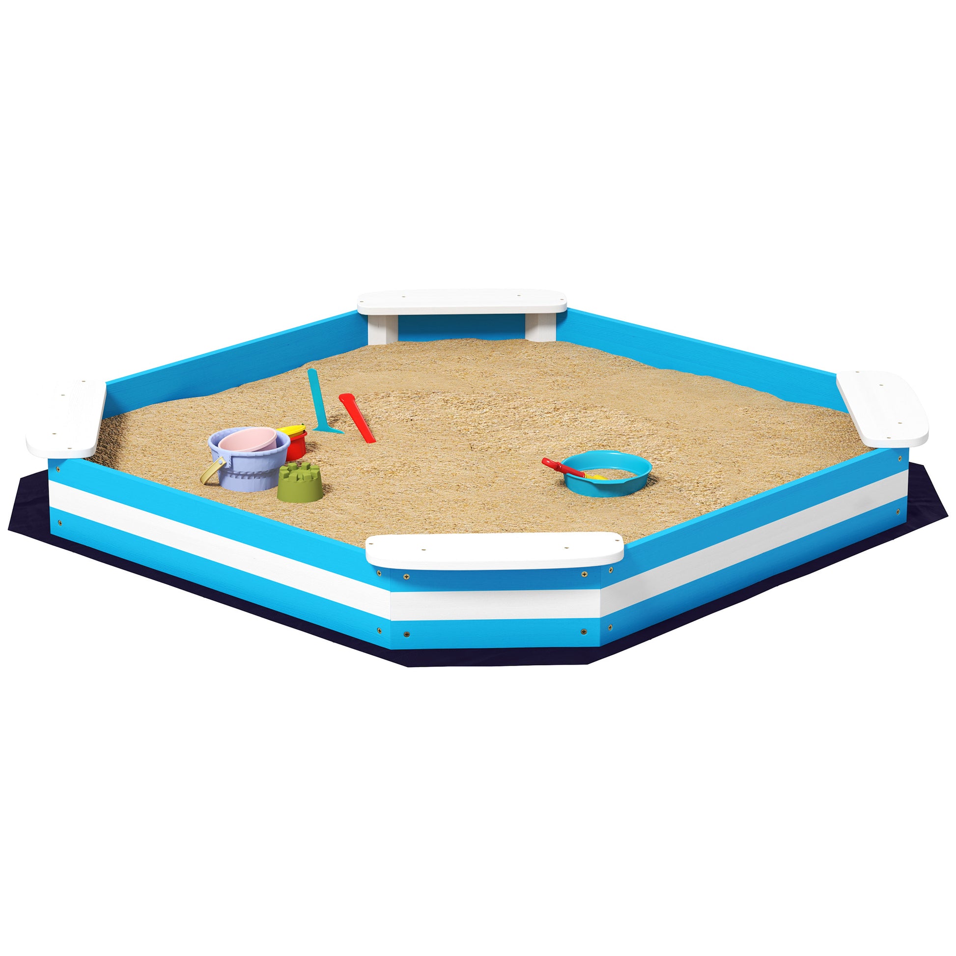 Sandbox 133 x 108 cm Wooden Sandpit with Bench, Groundsheet for 4 Kids 3-7 Years Blue