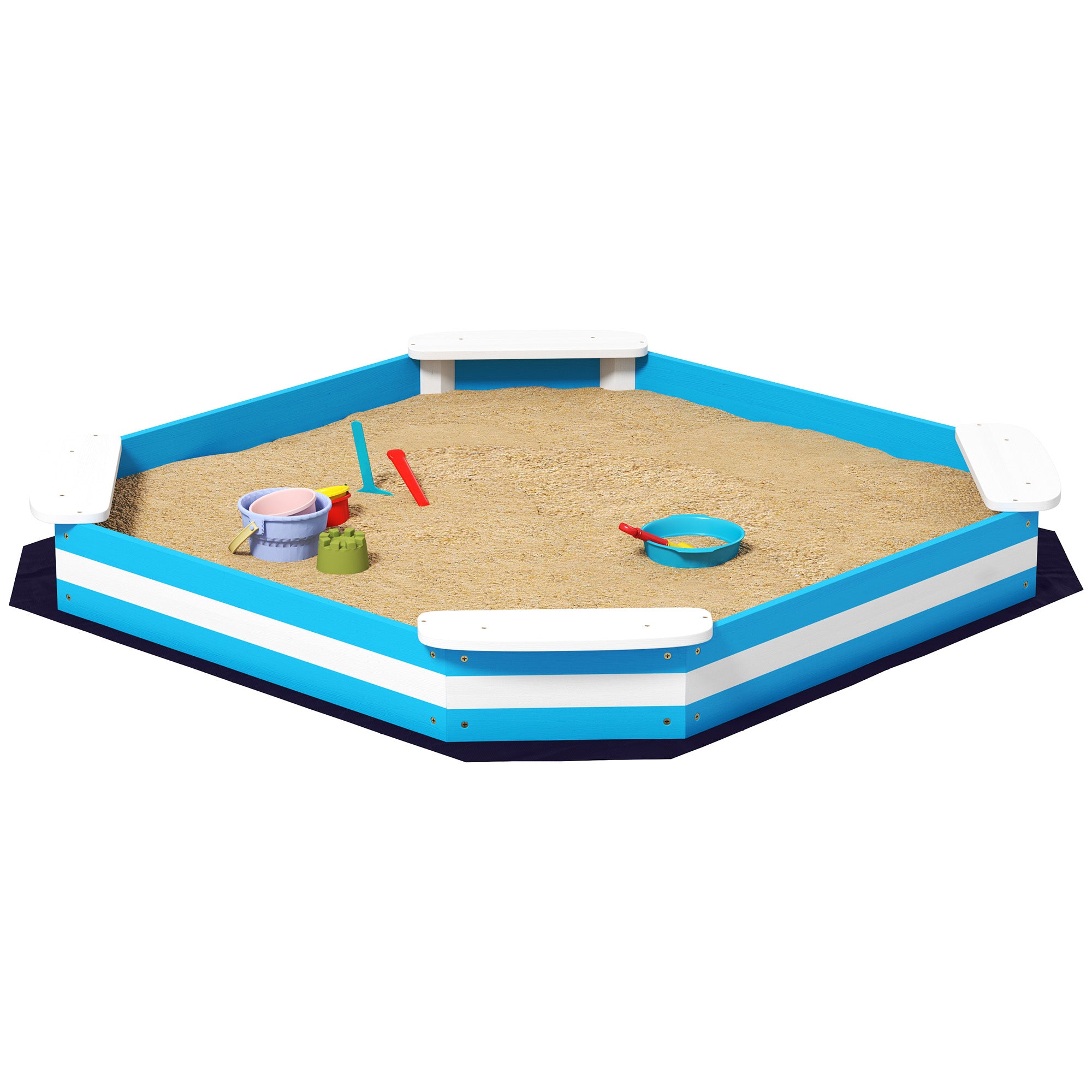 Sandbox 133 x 108 cm Wooden Sandpit with Bench, Groundsheet for 4 Kids 3-7 Years Blue