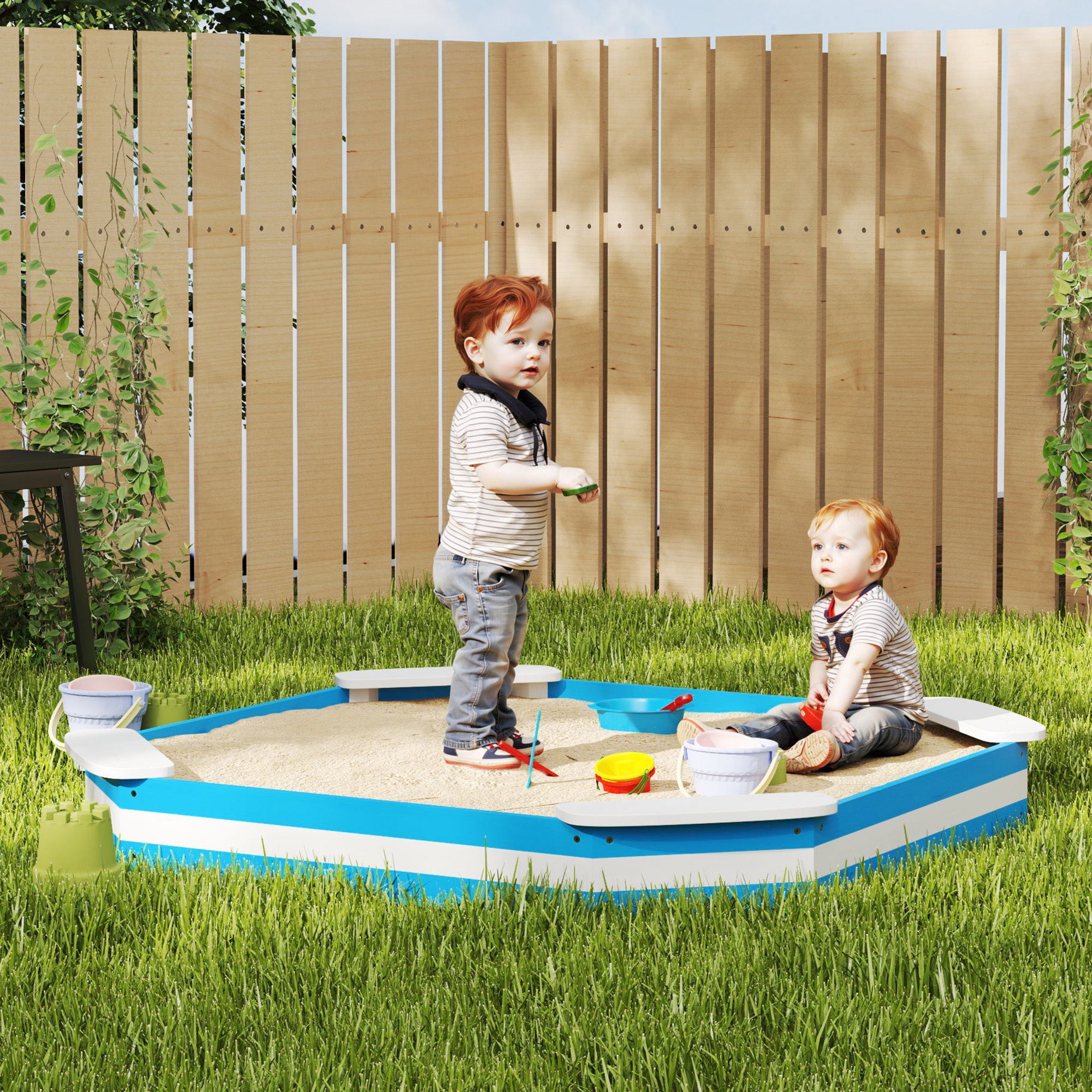 Sandbox 133 x 108 cm Wooden Sandpit with Bench, Groundsheet for 4 Kids 3-7 Years Blue