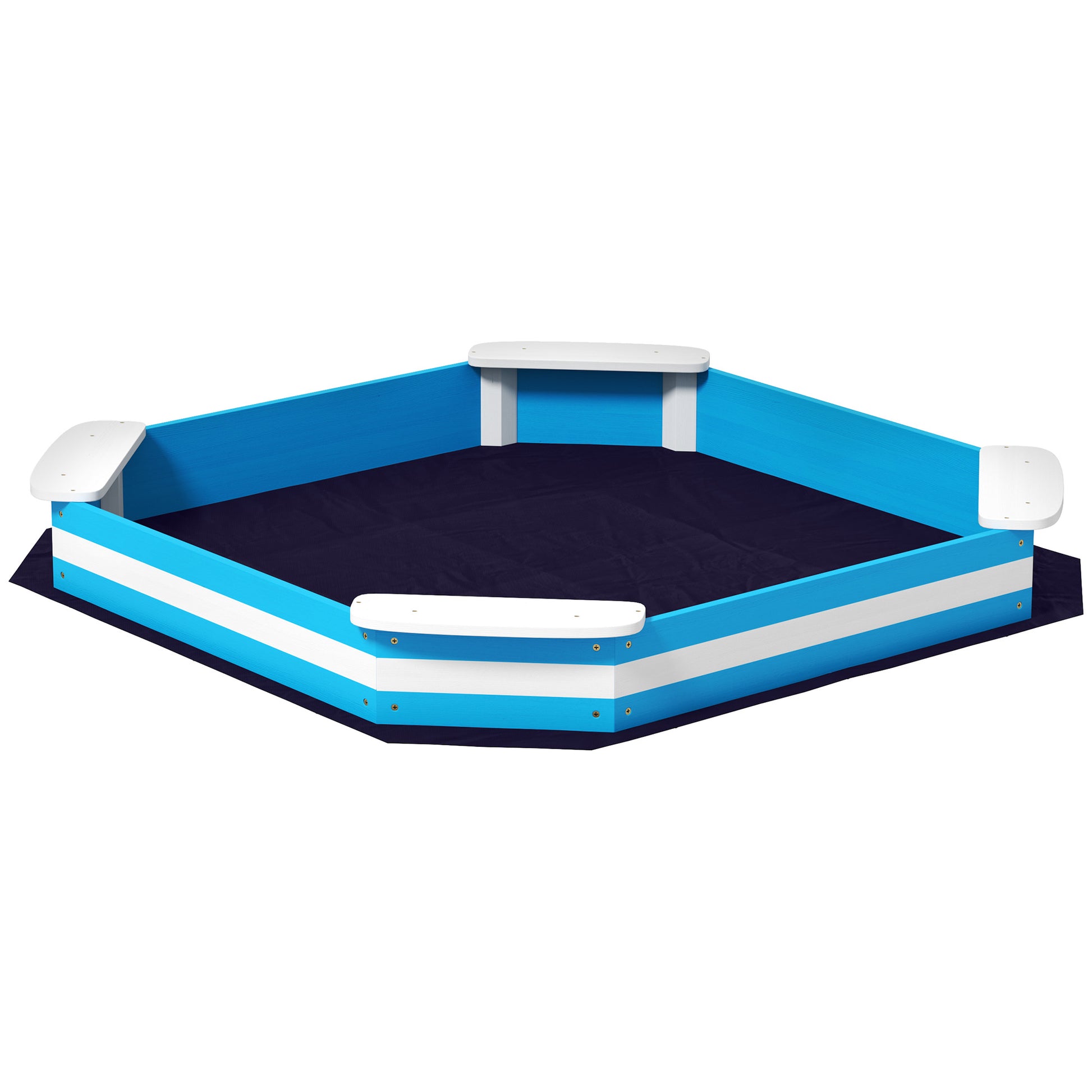 Sandbox 133 x 108 cm Wooden Sandpit with Bench, Groundsheet for 4 Kids 3-7 Years Blue