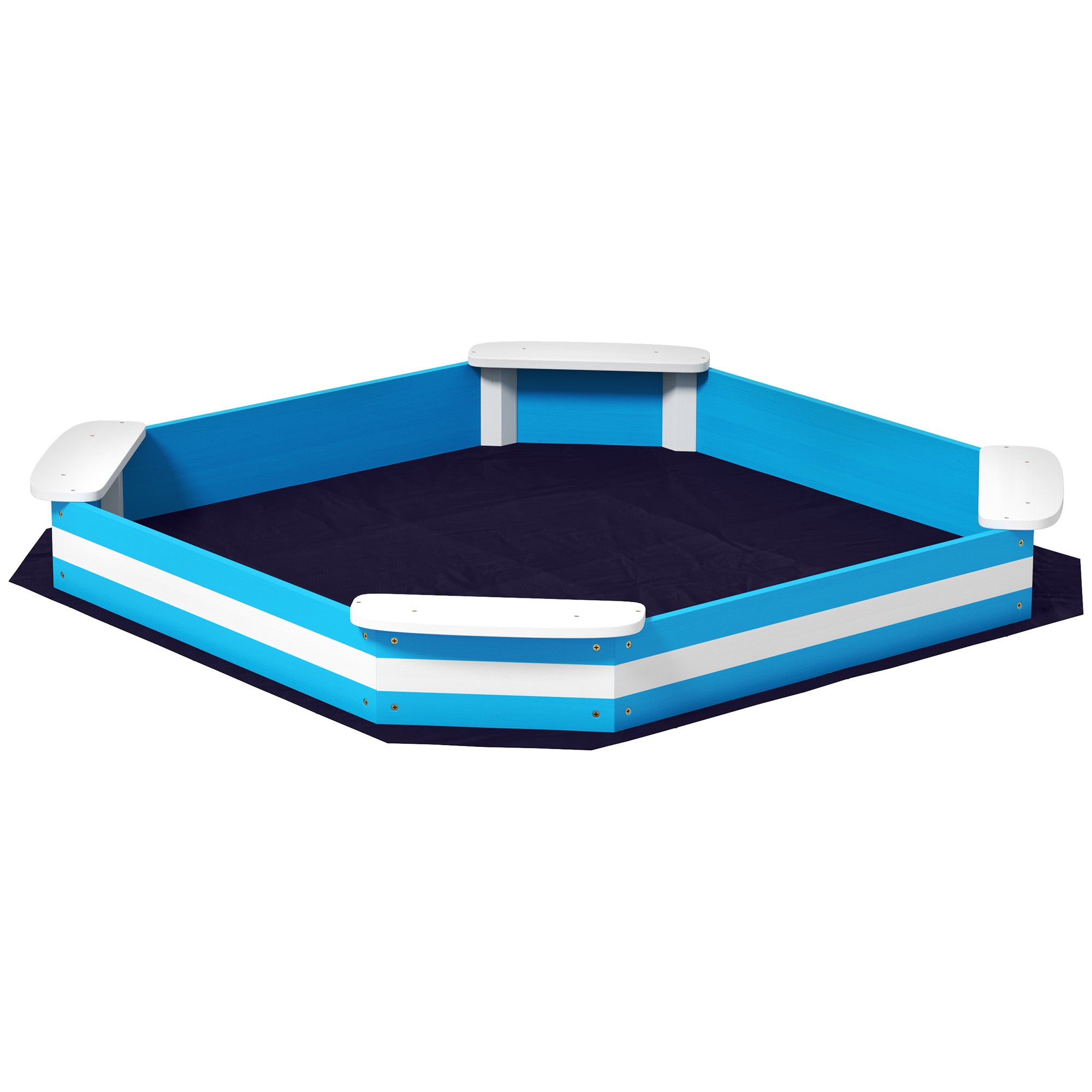 Sandbox 133 x 108 cm Wooden Sandpit with Bench, Groundsheet for 4 Kids 3-7 Years Blue