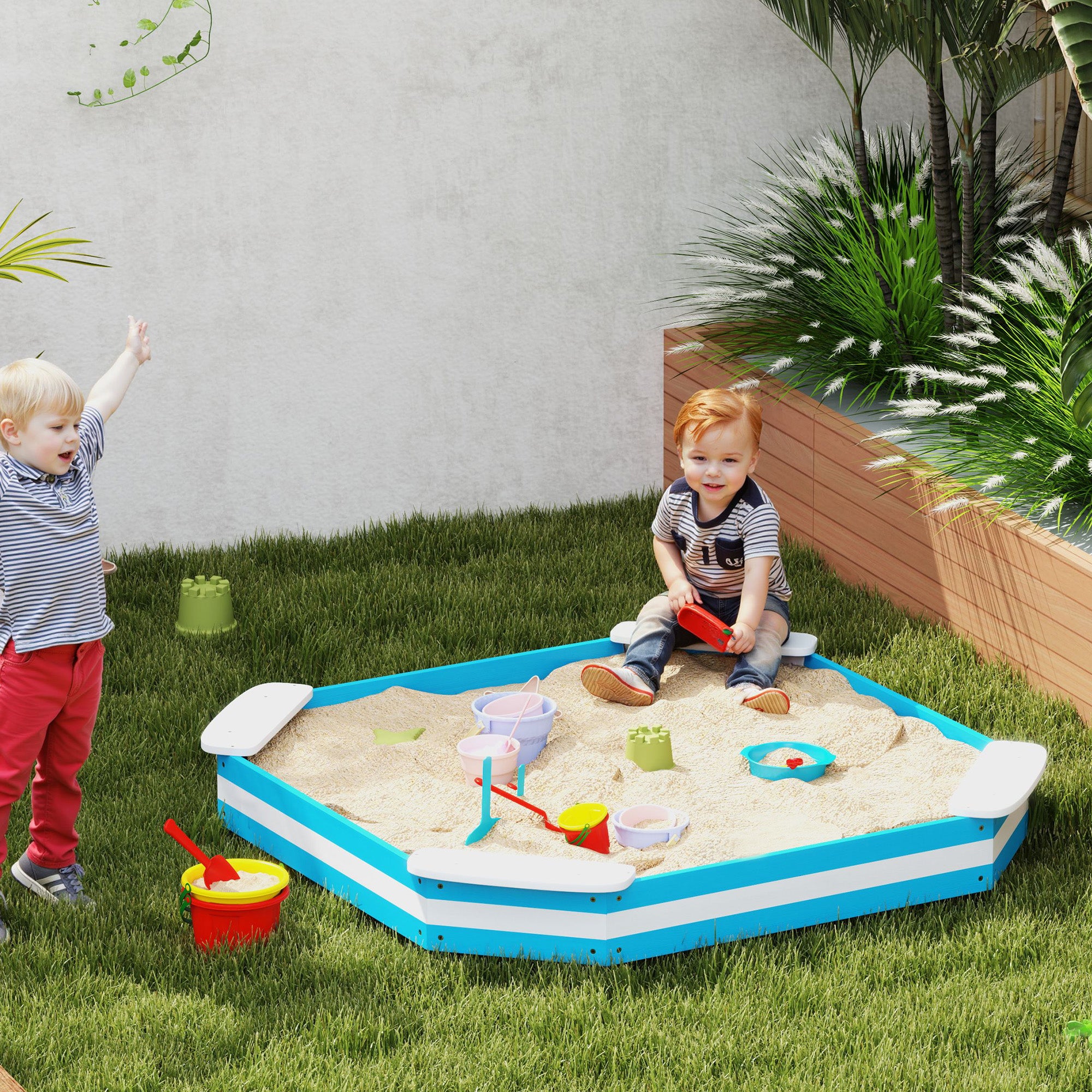 Sandbox 133 x 108 cm Wooden Sandpit with Bench, Groundsheet for 4 Kids 3-7 Years Blue