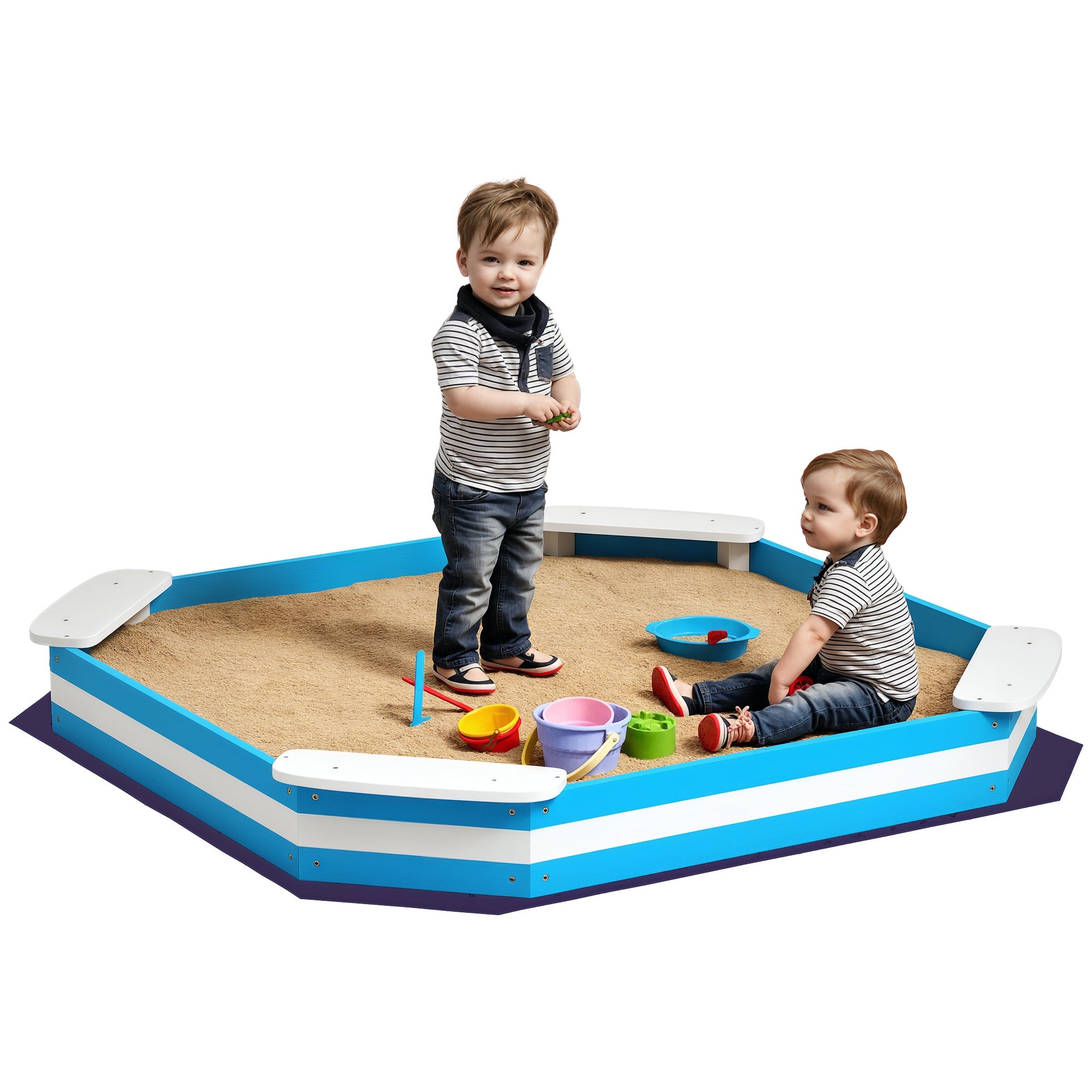 Sandbox 133 x 108 cm Wooden Sandpit with Bench, Groundsheet for 4 Kids 3-7 Years Blue
